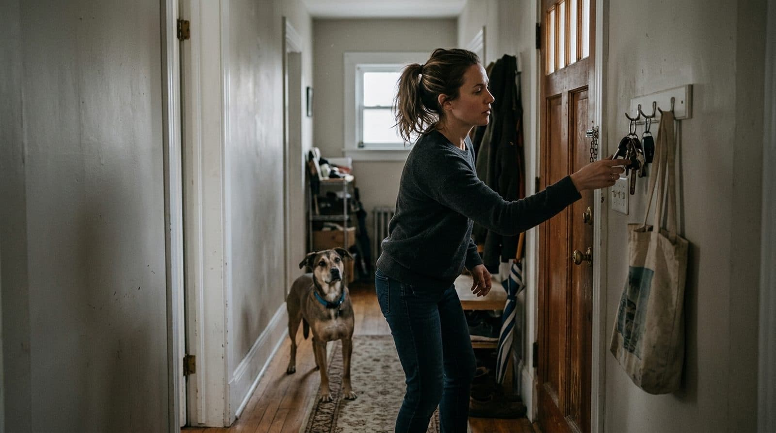 An owner lifting keys from a hook by the front door while her dog watches from the hallway.