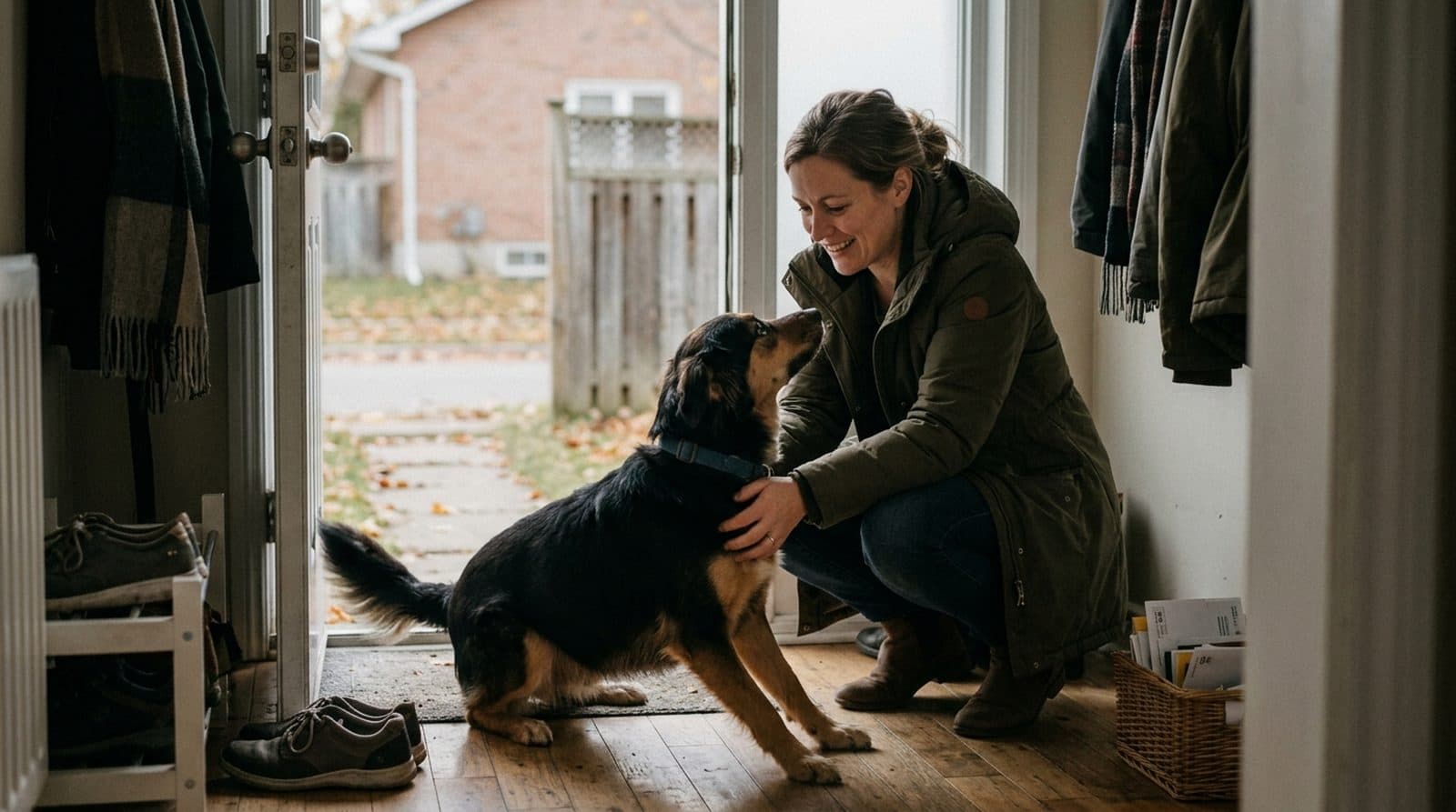 An owner crouching in a hallway to greet her dog calmly.