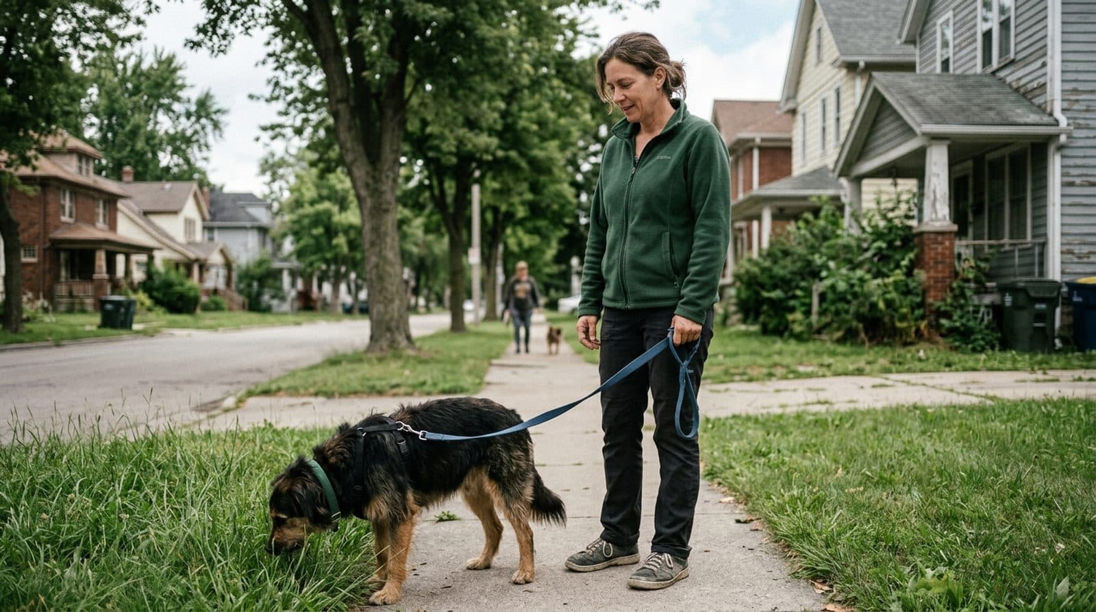 A woman walking a small dog on a lead along a quiet suburban pavement, another dog visible far down the street.