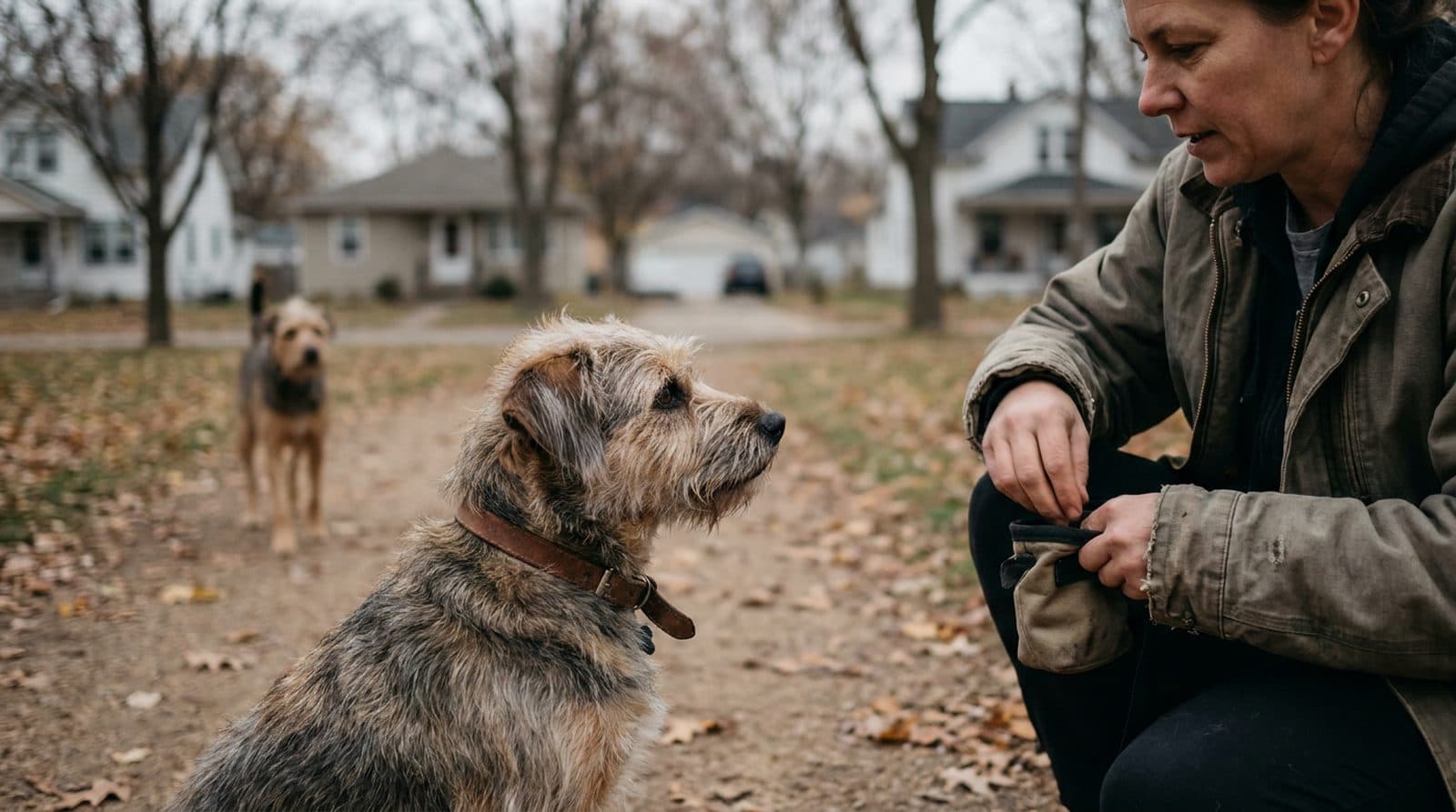 A crouching handler and a terrier both watching another dog further down the street.