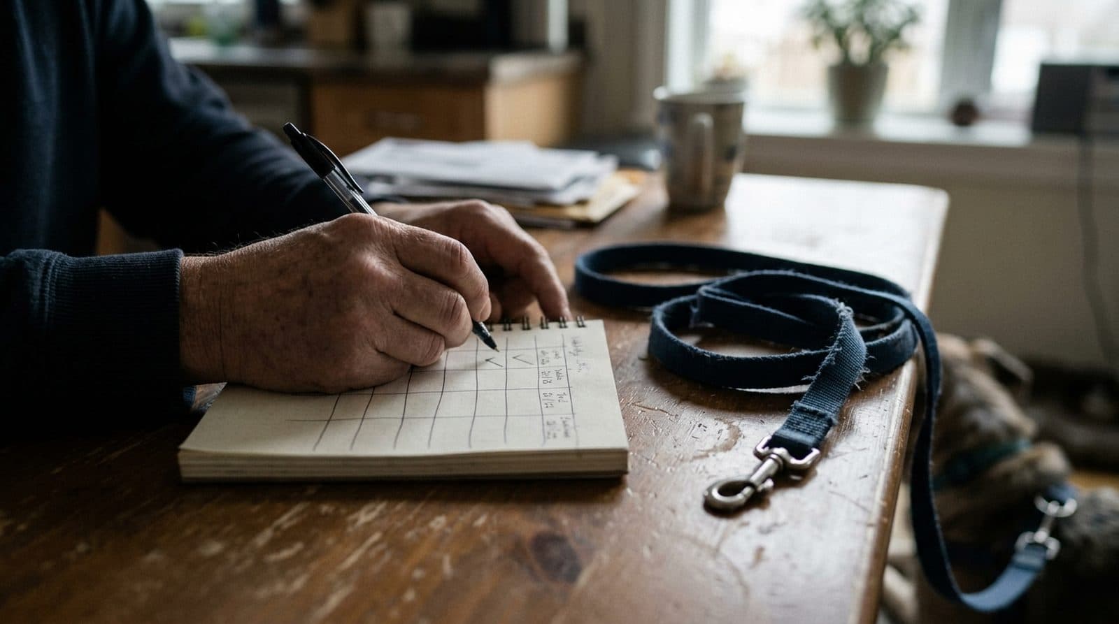 Hands writing in a ruled notebook on a table beside a coiled leash.