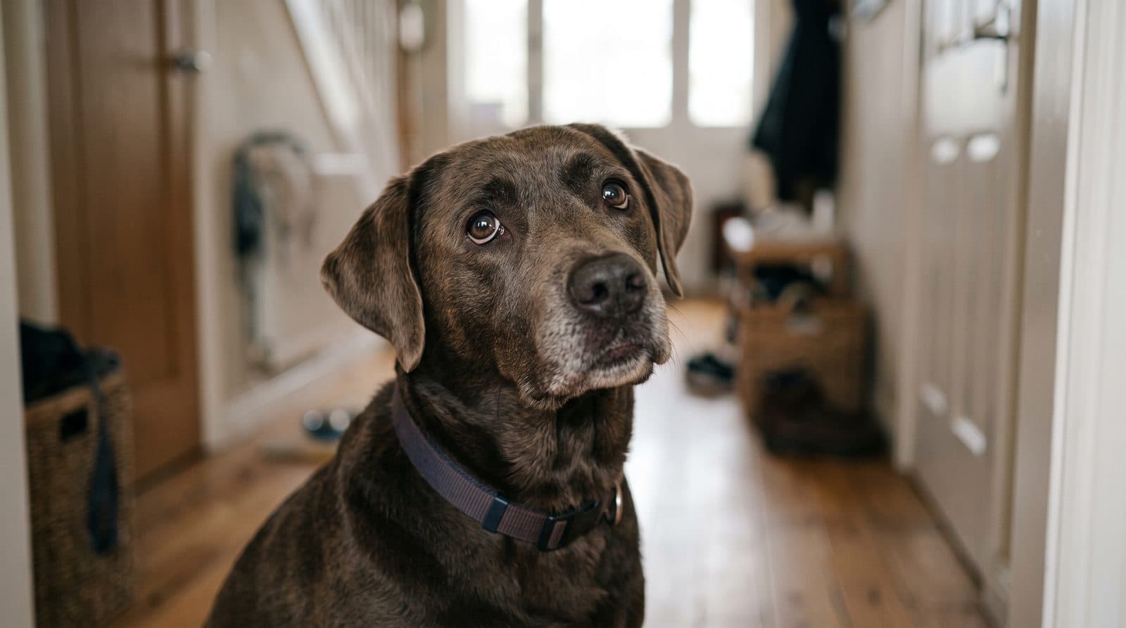 A brown labrador sitting in a hallway, looking up at the camera.