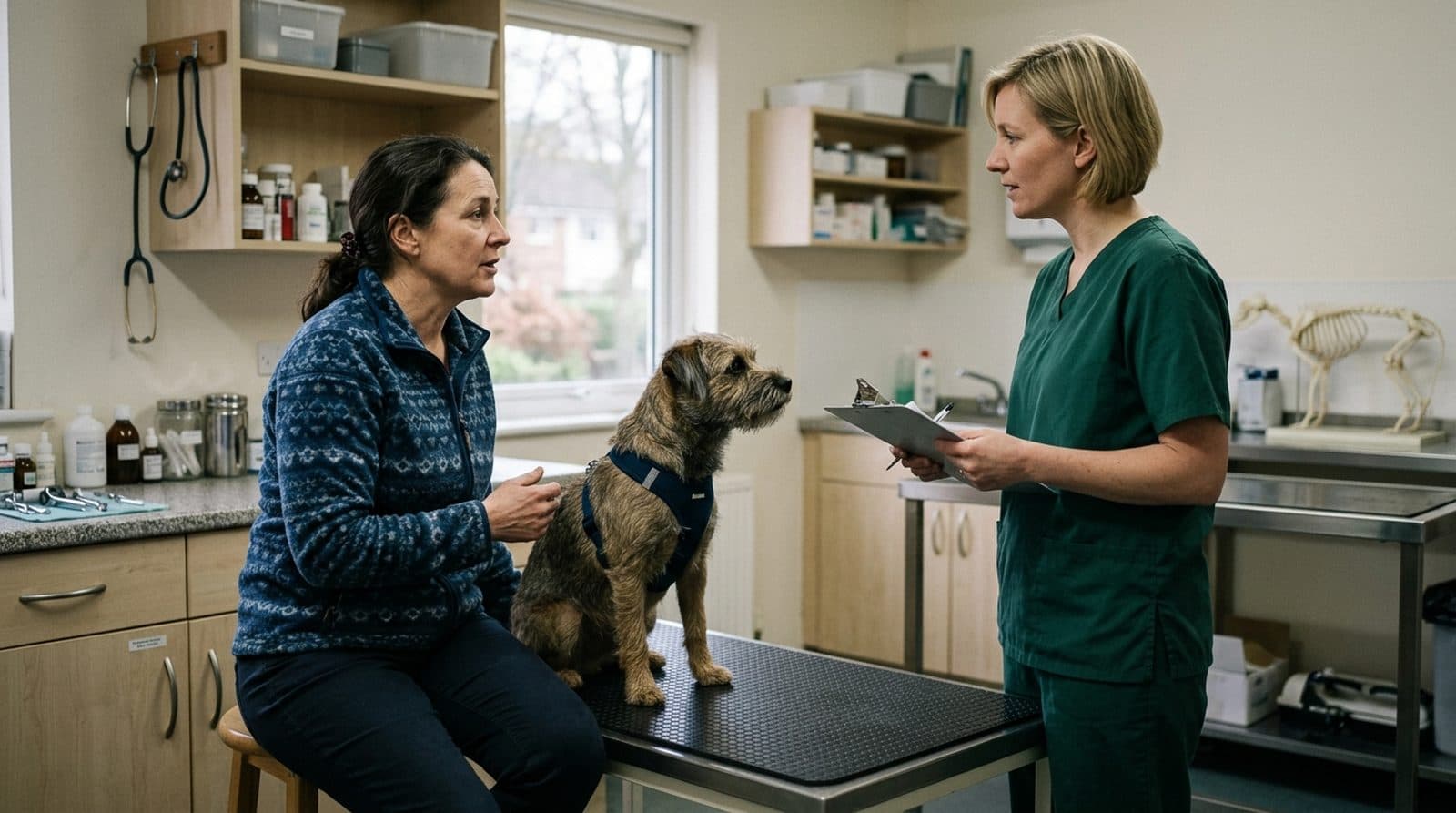A dog on an examination table with its owner and a vet in a consulting room.