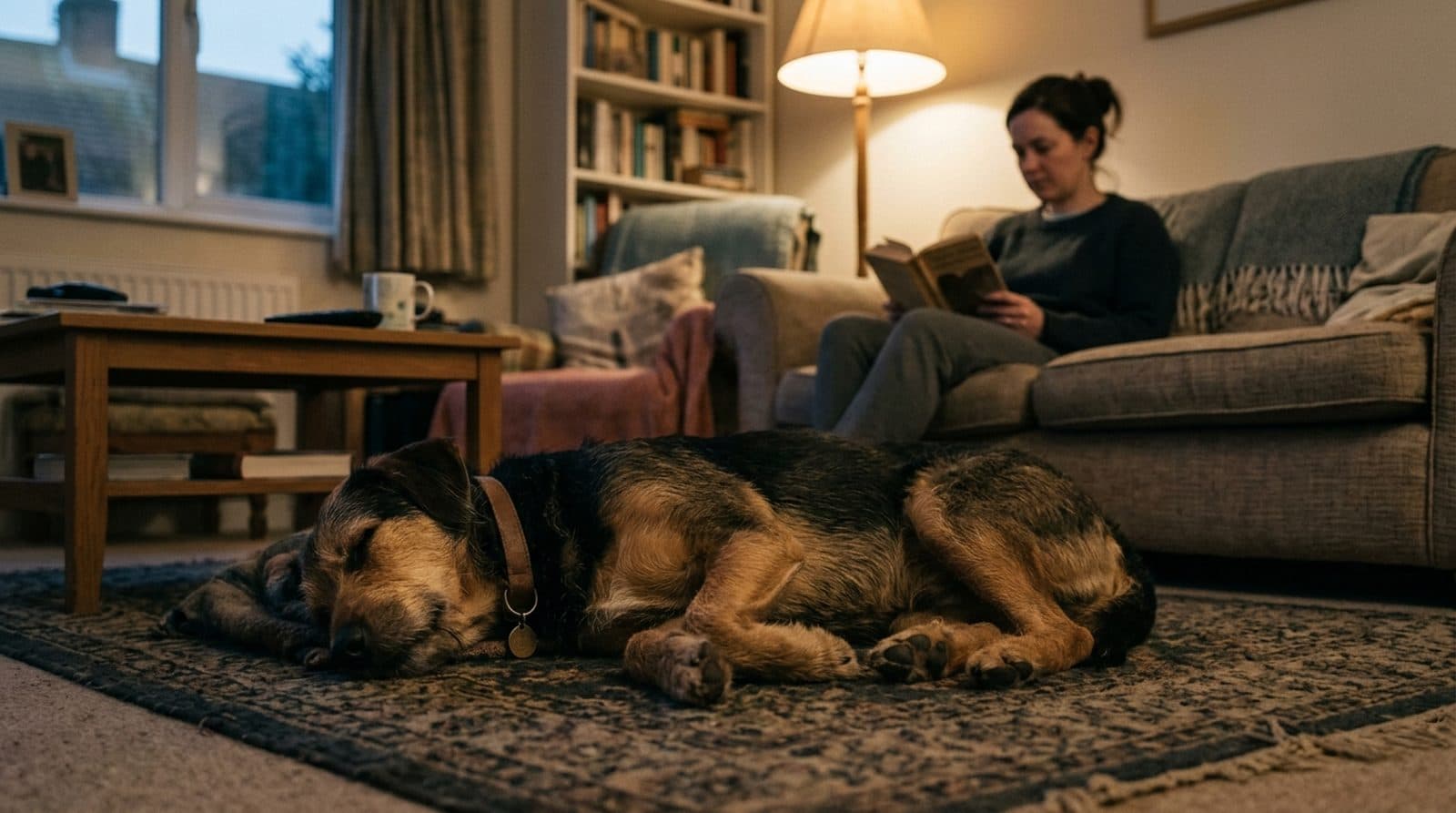 A dog asleep on a rug in a lamplit living room while its owner reads on the sofa.