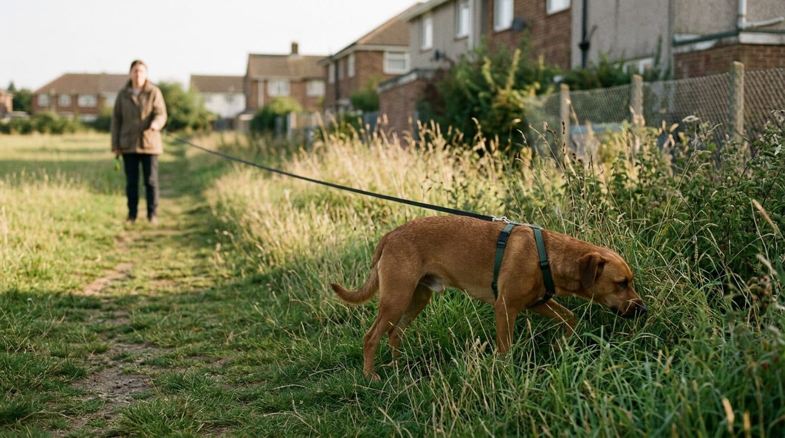 A dog sniffing through long grass on a long line, its owner standing well back.