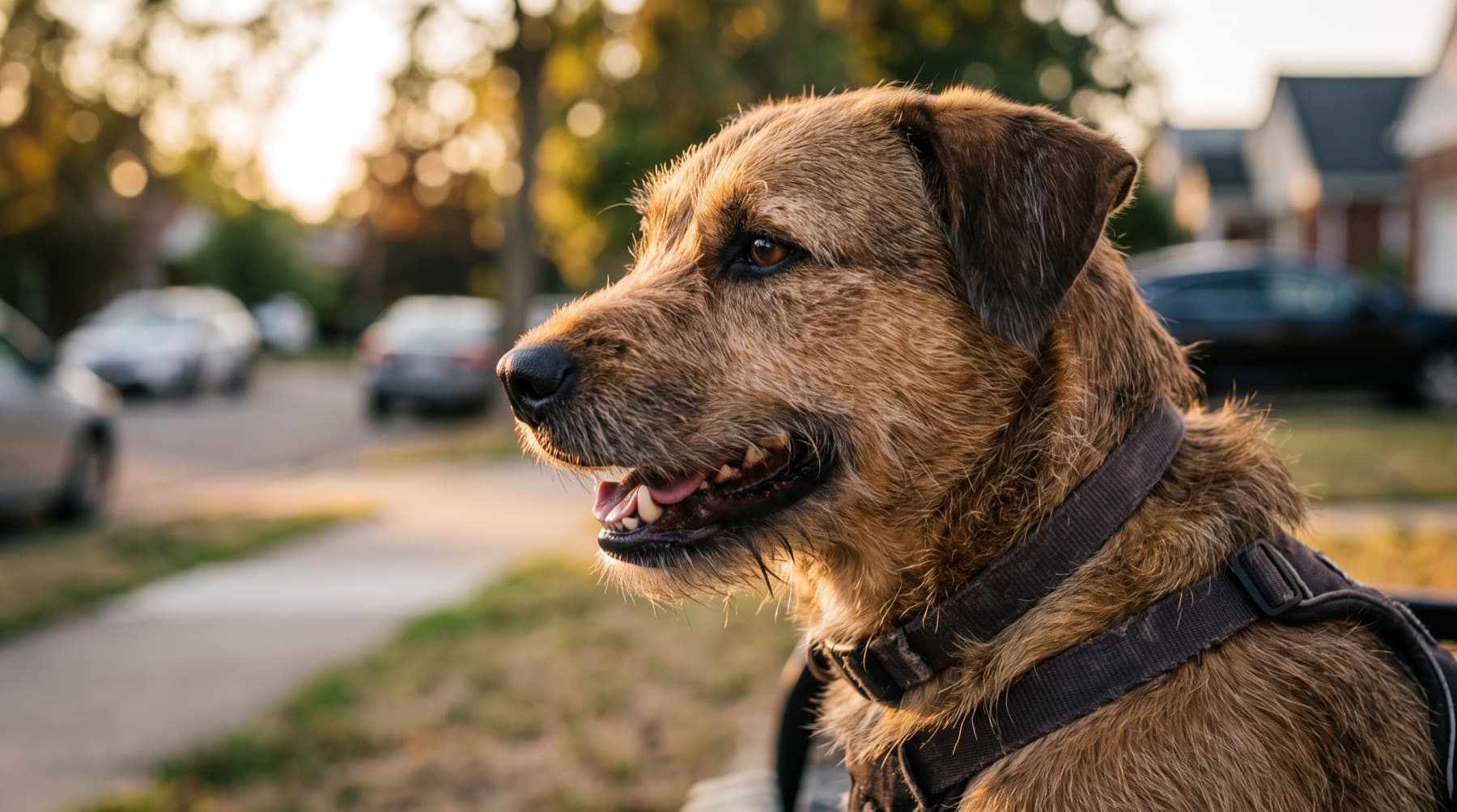 A terrier cross on a suburban pavement at dusk, watching something down the street.